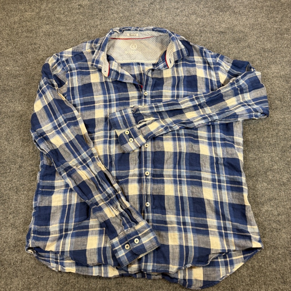 Preppy Bugatchi Uomo Mens Blue White Plaid 100% Linen Button Down Shirt L Luxury